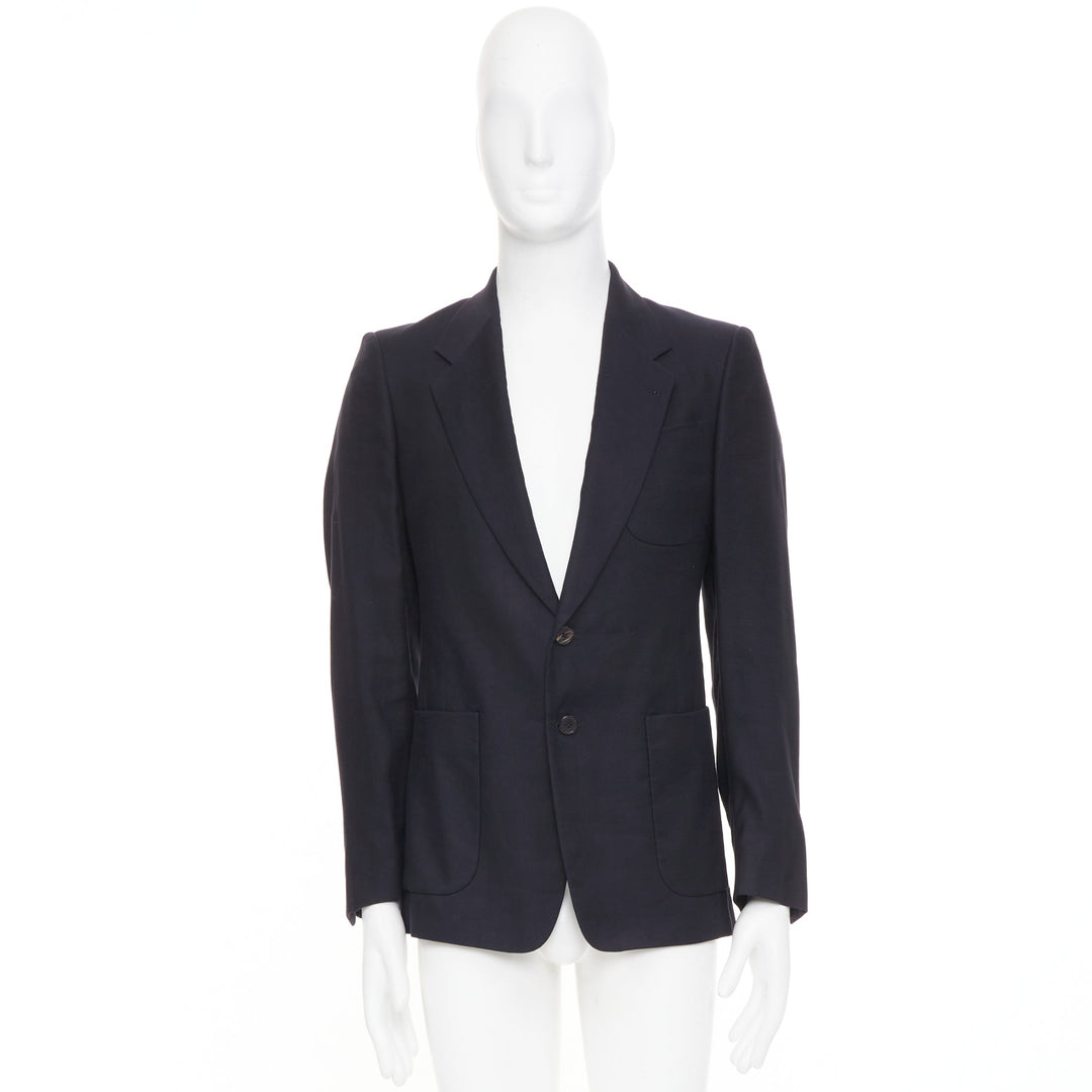 DRIES VAN NOTEN navy black linen cotton patch pocket notch lapel blazer EU46 S