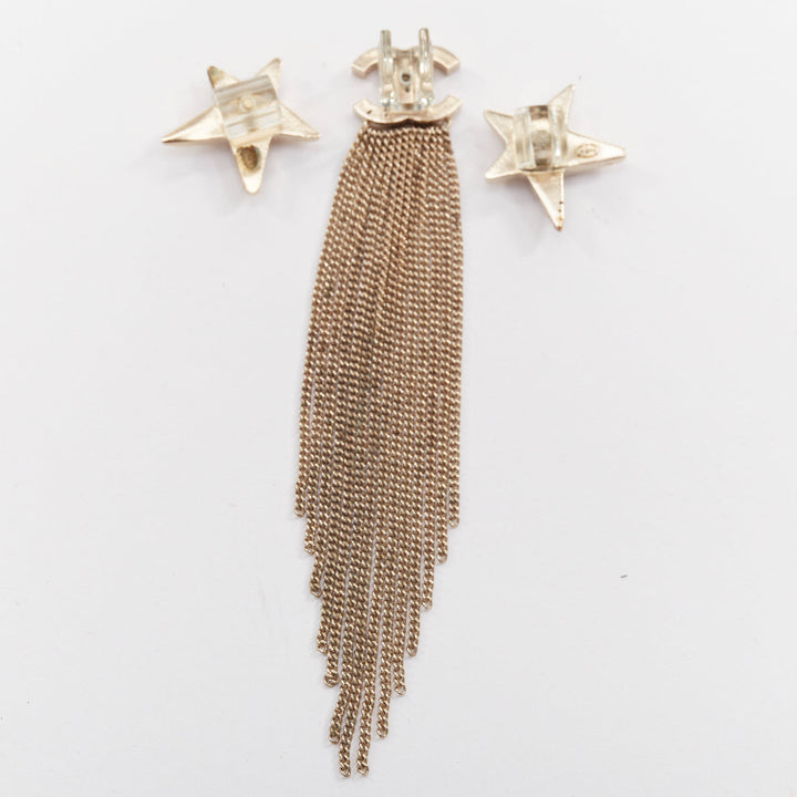 CHANEL B15 gold tone CC logo crystal pave star tassel wire clips phone charm