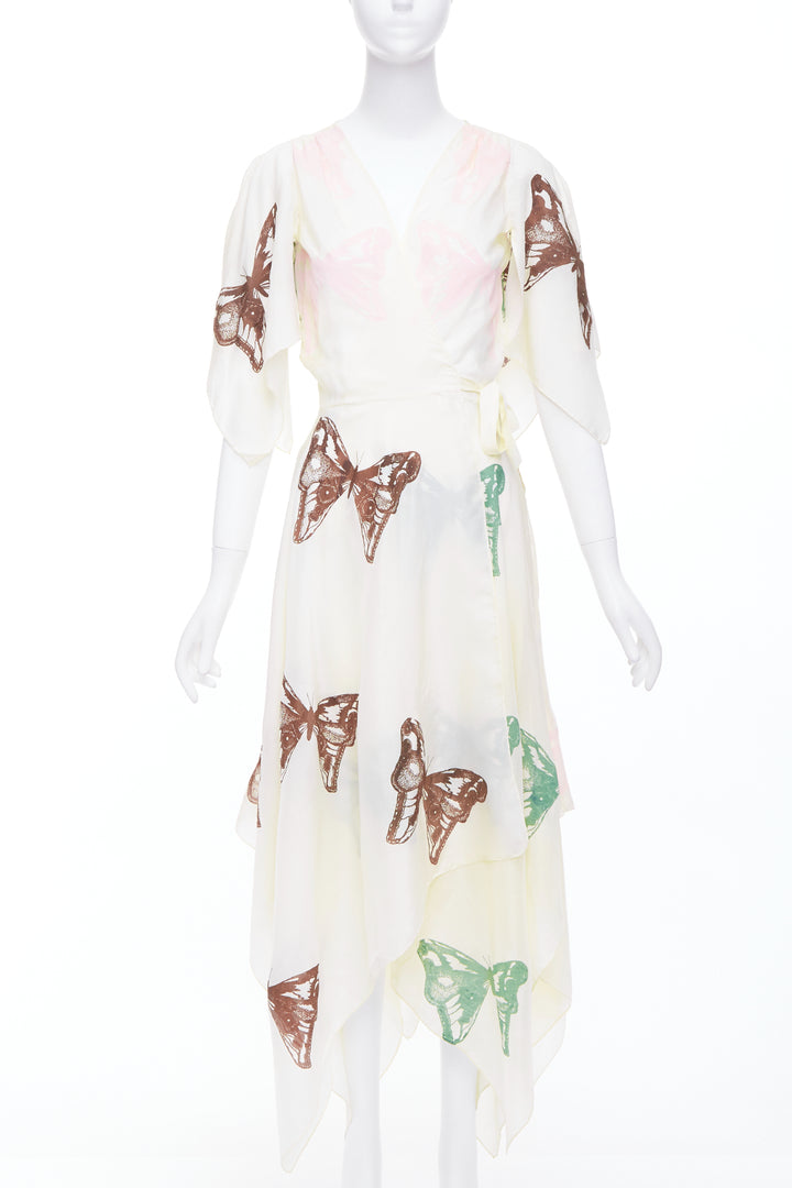 JESSE KAMM cream silk pink brown butterfly print flare wrap dress S