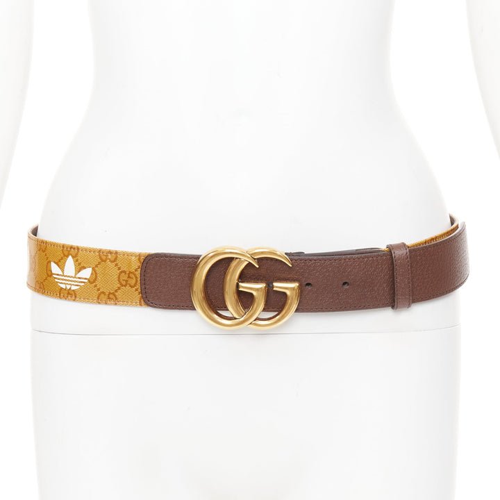 GUCCI ADIDAS 2022 GG Marmont brown coated canvas monogram white leather belt