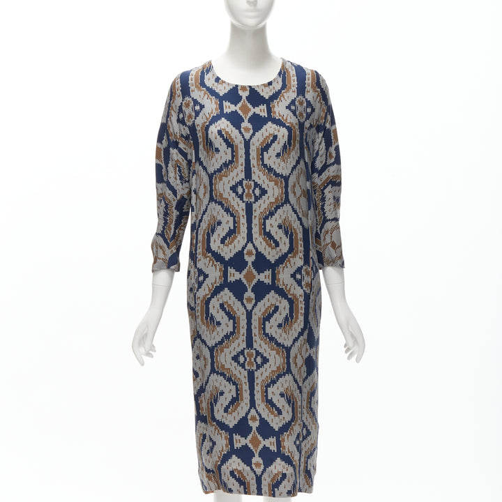 BY MALENE BIRGER blue grey ethnic round crew neck midi dress FR36 S