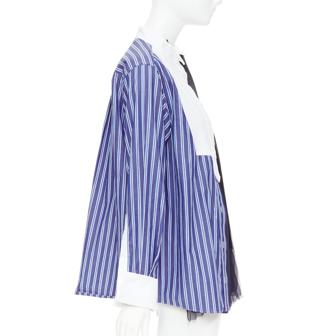 SACAI 2021 blue striped cotton bib collar sheer panel deconstructed shirt JP1 S