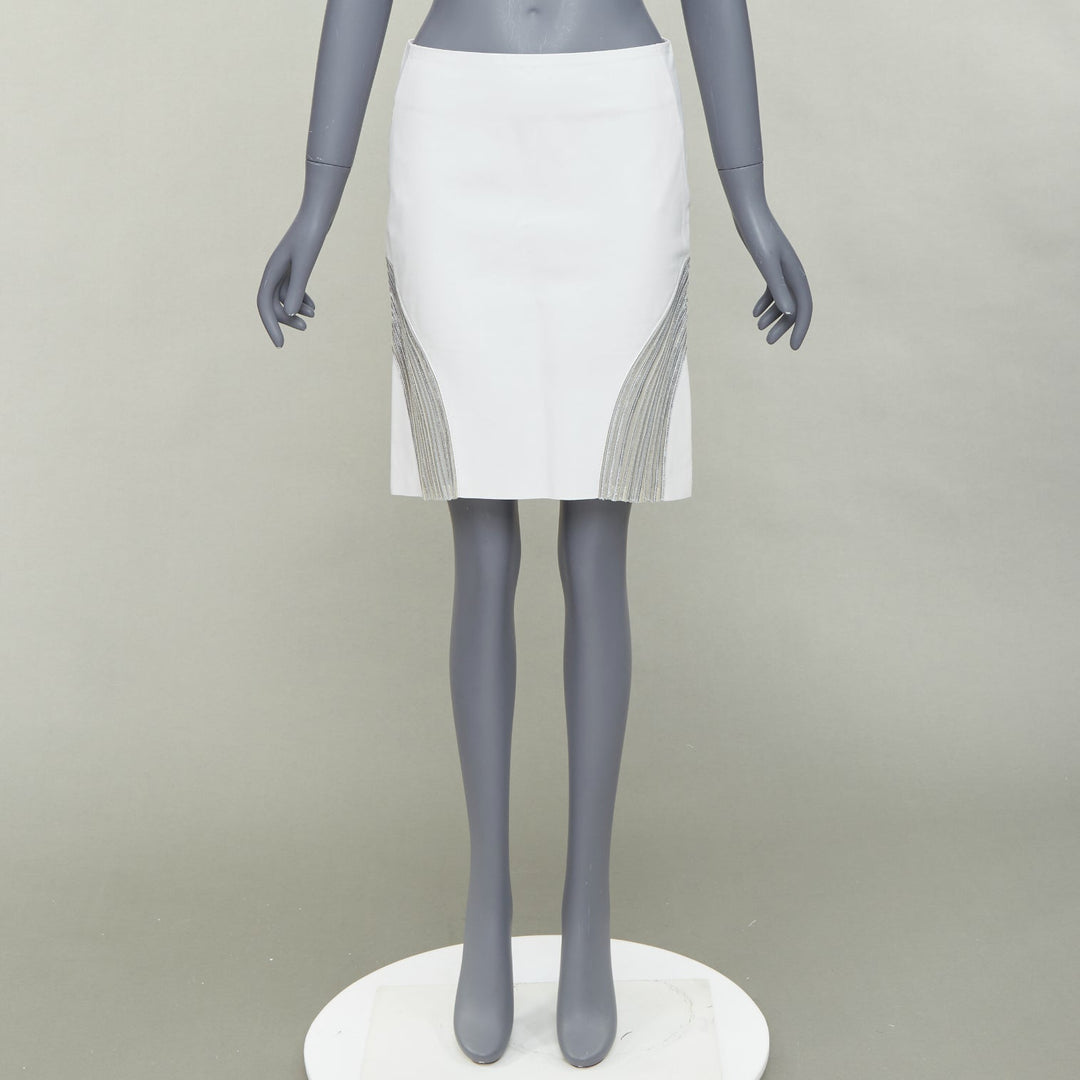JEAN CLAUDE JITROIS white  leather silver silk applique pencil skirt IT36 XXS