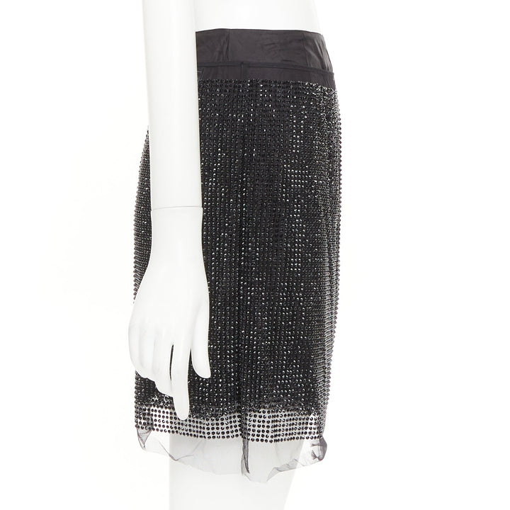 PRADA 2021 black crystal strass embellished cut out lace mini skirt IT38 XS