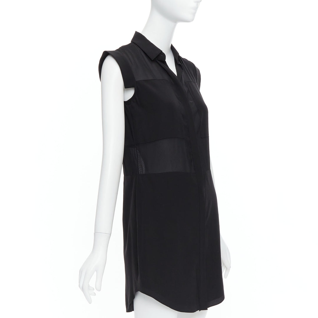 T ALEXANDER WANG black sheer silk blend panelled cap sleeve button dress XS