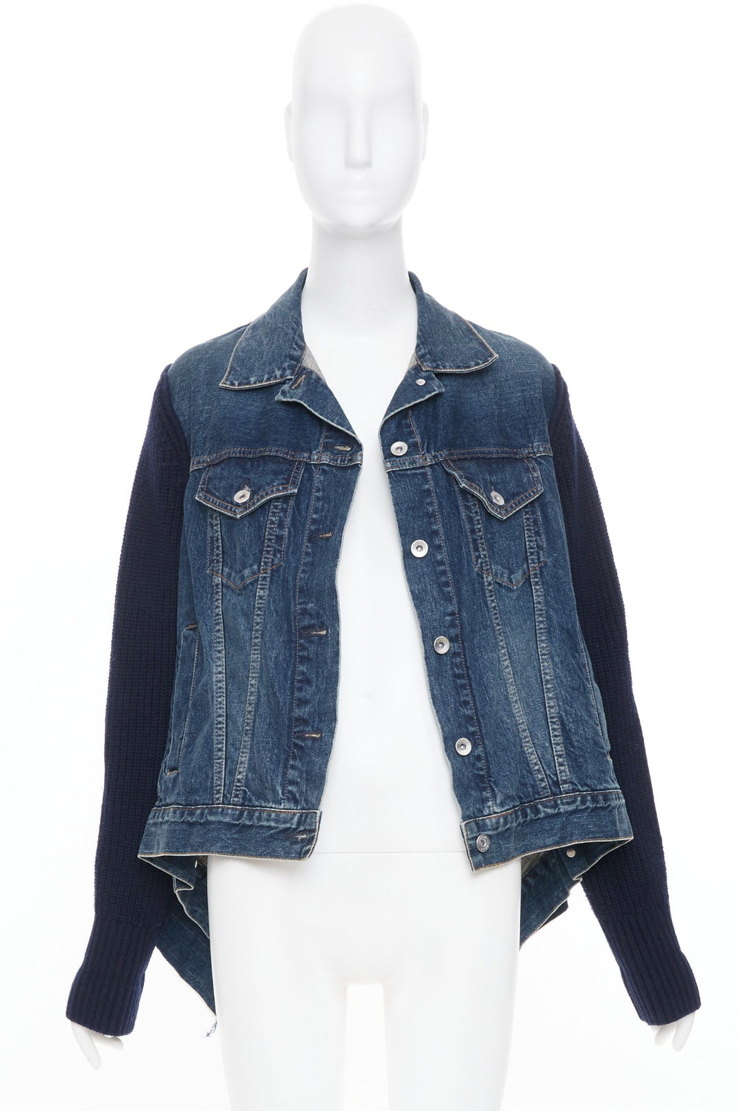 SACAI 2020 Denim Knit Hybrid asymmetric raw hem blue cotton jacket JP2 M