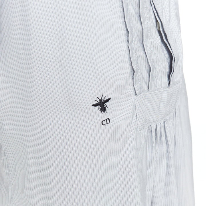 CHRISTIAN DIOR blue 100% silk CD bee embroidery button down shirt dress FR36 S