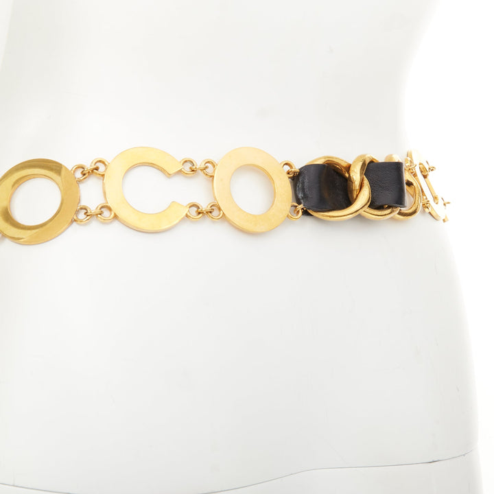 rare CHANEL 1993 Vintage Spell Out logo black leather interwoven gold chain belt
