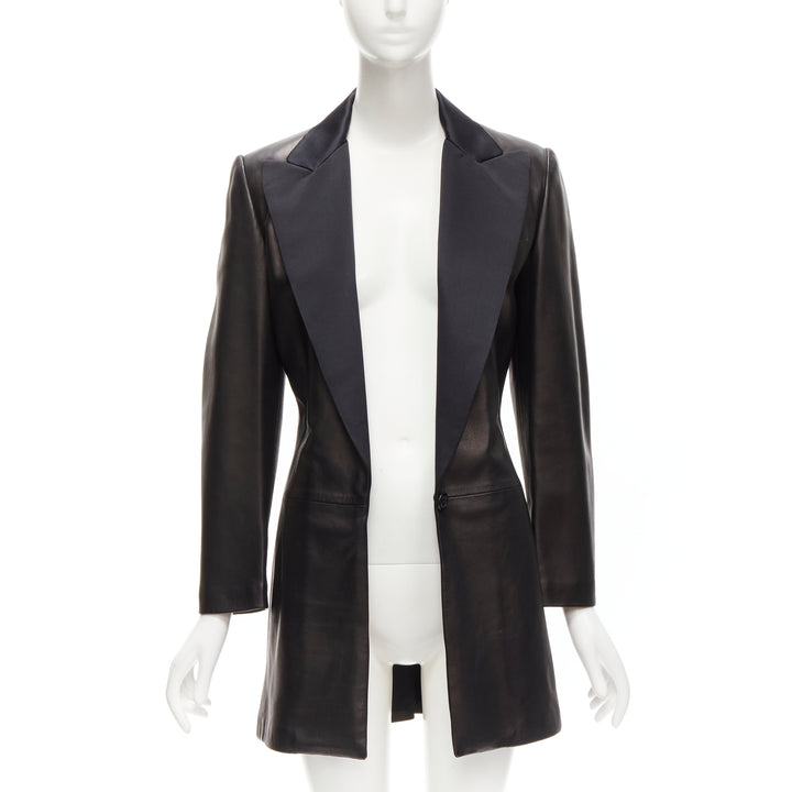 GIANNI VERSACE 1995 Vintage black satin peak lapel leather coat IT40 S