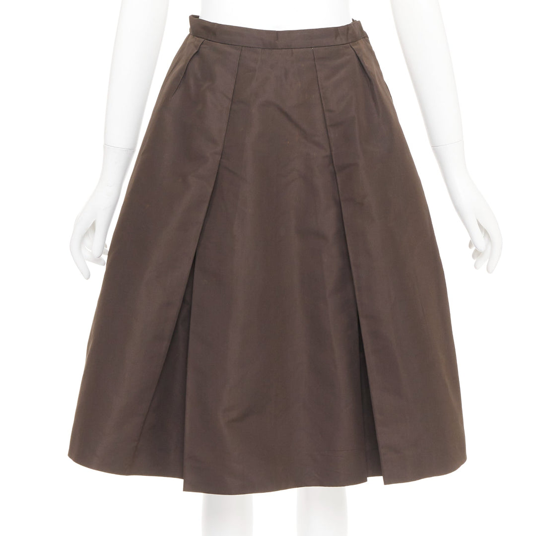 PRADA Vintage brown silk nylon grosgrain pleat flared a line midi skirt IT42 M