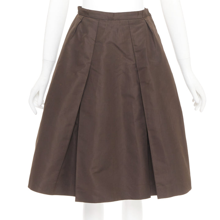 PRADA Vintage brown silk nylon grosgrain pleat flared a line midi skirt IT42 M