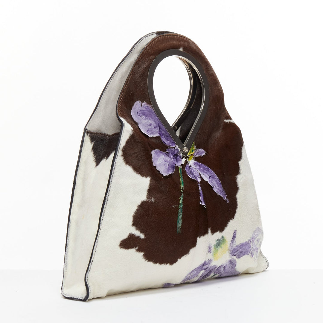 GIANNI VERSACE 1999 Runway handpainted purple floral cow print horsehair bag