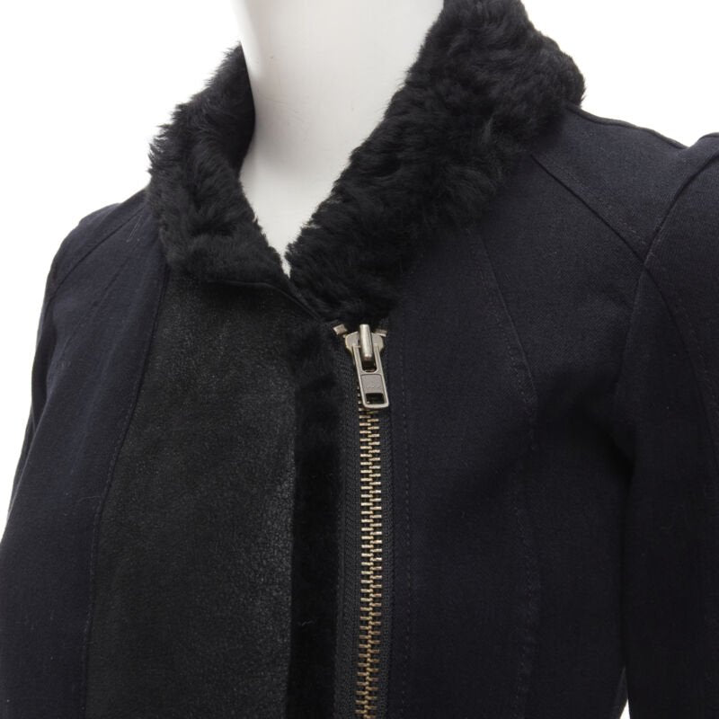 HELMUT LANG black faux fur collar washed cotton biker jacket XS