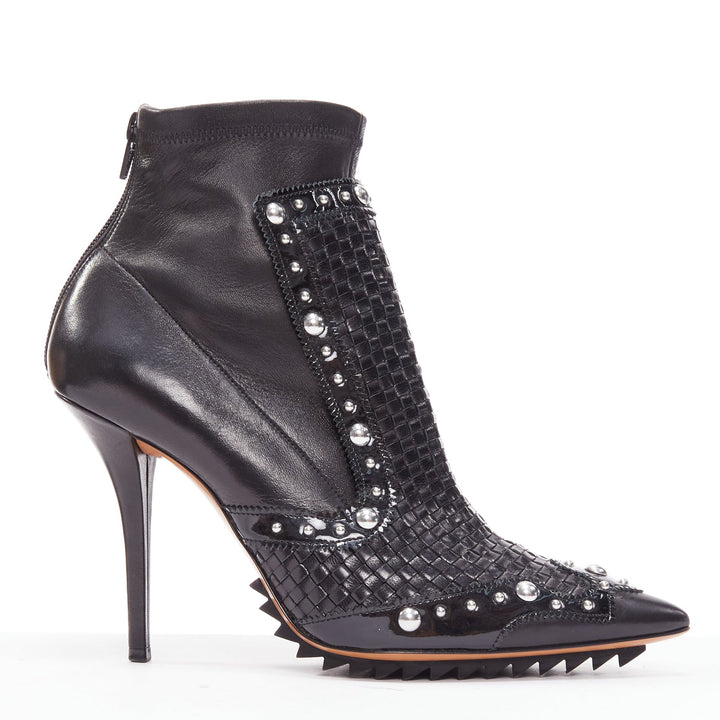 GIVENCHY Iron Line basketweave leather silver studs pointy ankle booties EU38