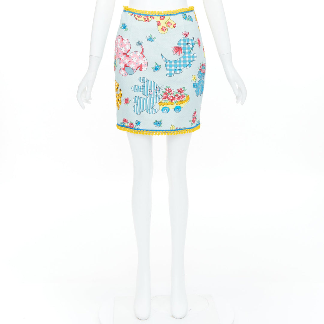 MOSCHINO 2022 Runway Calico Animals Piquet Nursery blue mini skirt IT38 XS