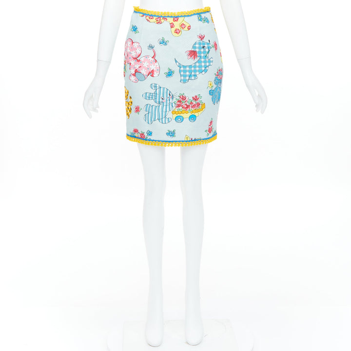 MOSCHINO 2022 Runway Calico Animals Piquet Nursery blue mini skirt IT38 XS