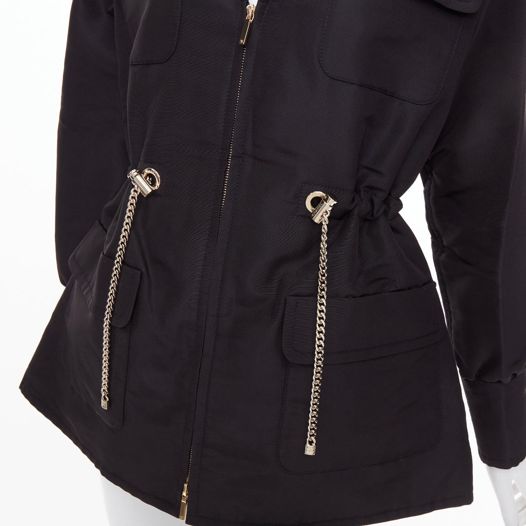CHANEL 2023 black silk flap pocket gold chain drawstring utility jacket FR34 XS