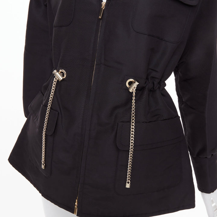 CHANEL 2023 black silk flap pocket gold chain drawstring utility jacket FR34 XS