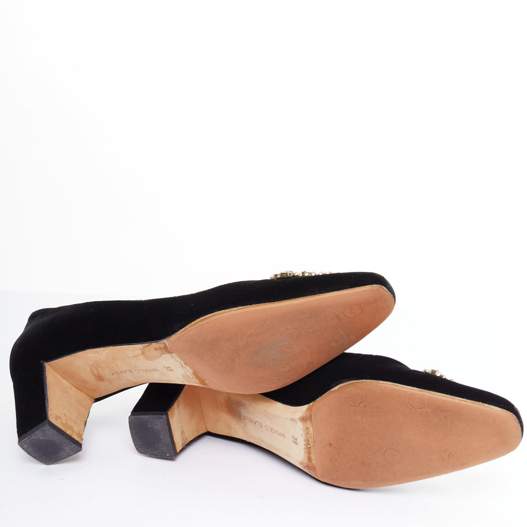 MANOLO BLAHNIK Okkato black velvet crysta jewell buckle pump EU39