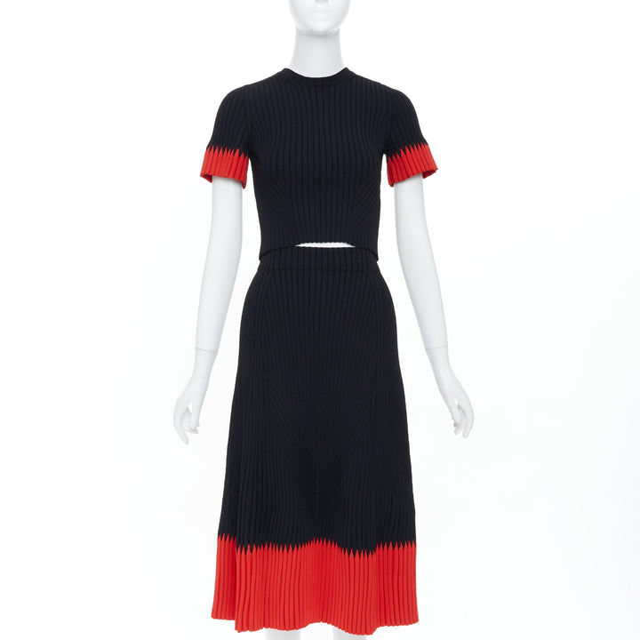 ALEXANDER MCQUEEN 2018 black red chevron bicolor rib knit crop top skirt set XS