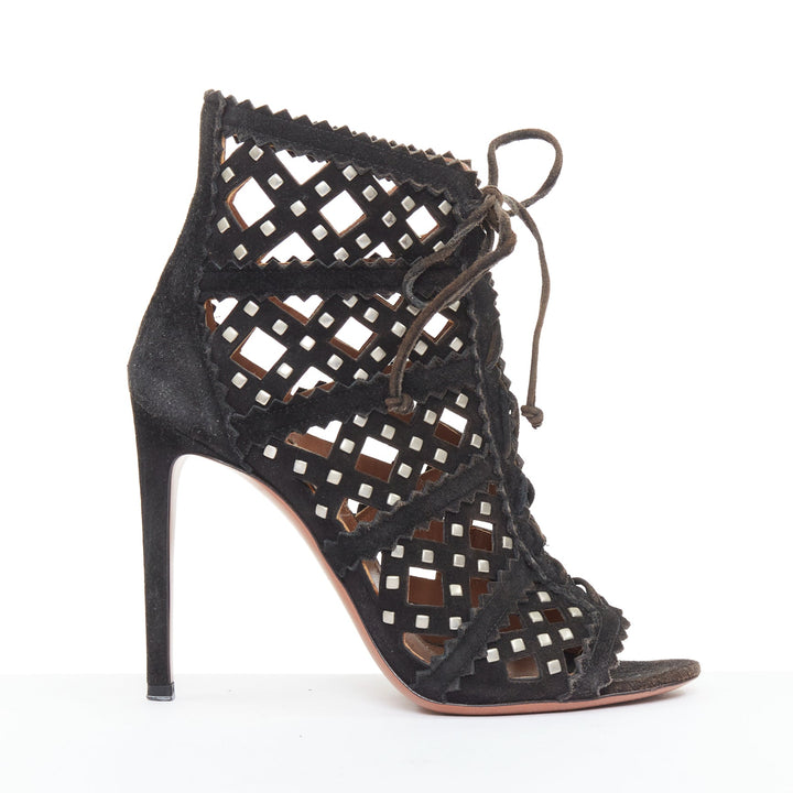 ALAIA black suede laser cut diamond lattice studded cage ankle booties EU35