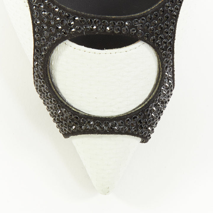 RENE CAOVILLA black white crystal cage ankle strap stiletto pumps EU37 US7