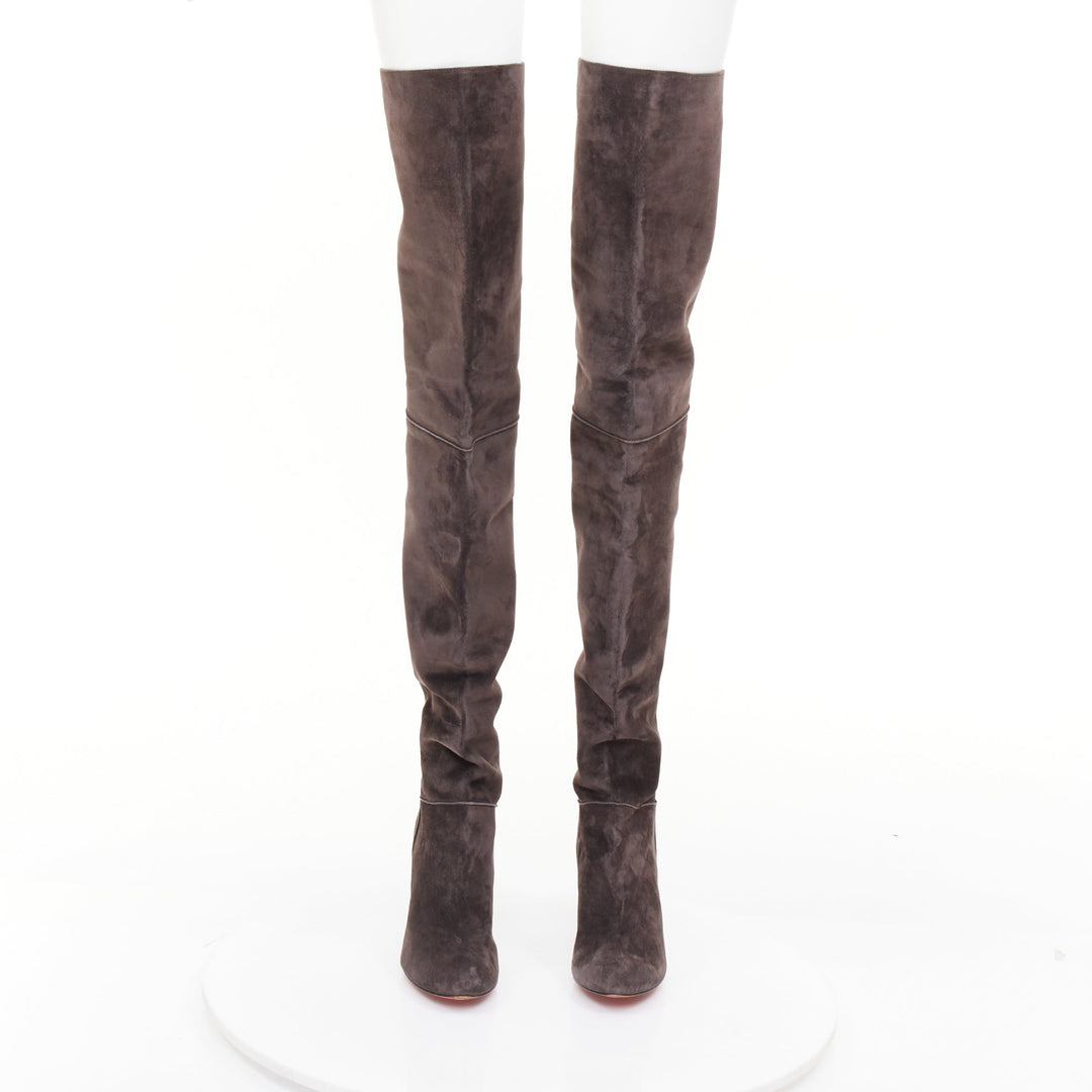 CHRISTIAN LOUBOUTIN charcoal grey suede block heeled thigh high boots EU37.5