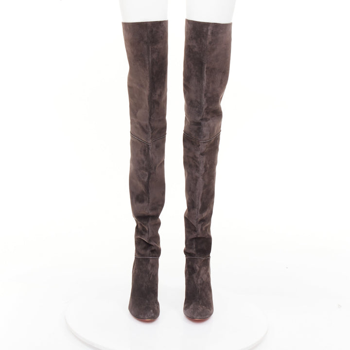 CHRISTIAN LOUBOUTIN charcoal grey suede block heeled thigh high boots EU37.5