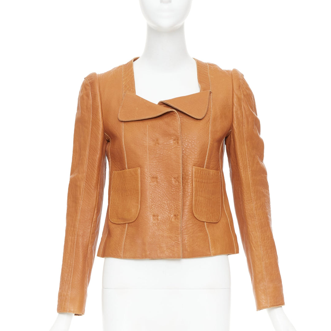 CARVEN 2011 tan brown pebble textured leather square neck crop jacket FR38 M