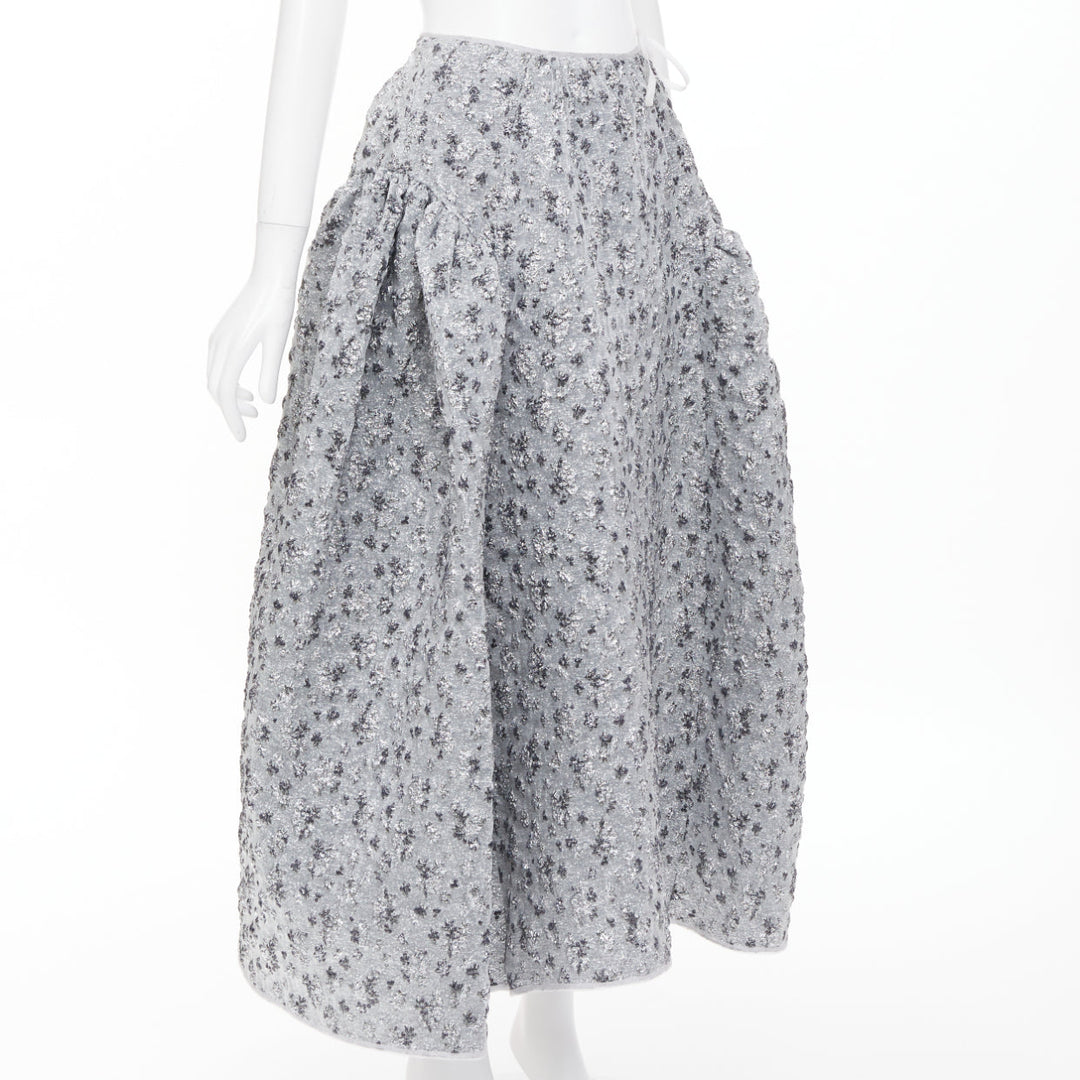 CECILIE BAHNSEN 2021 silver metallic cloque overlay flared midi skirt UK6 XS
