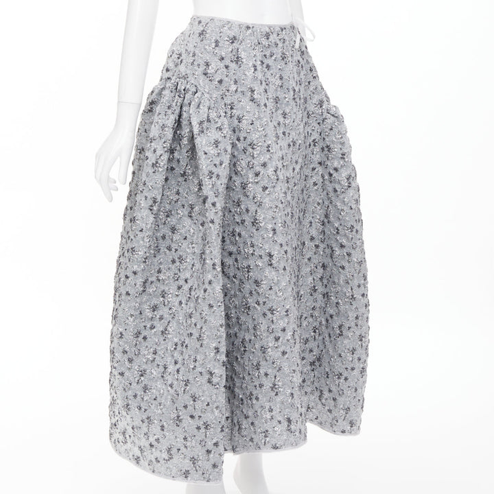 CECILIE BAHNSEN 2021 silver metallic cloque overlay flared midi skirt UK6 XS