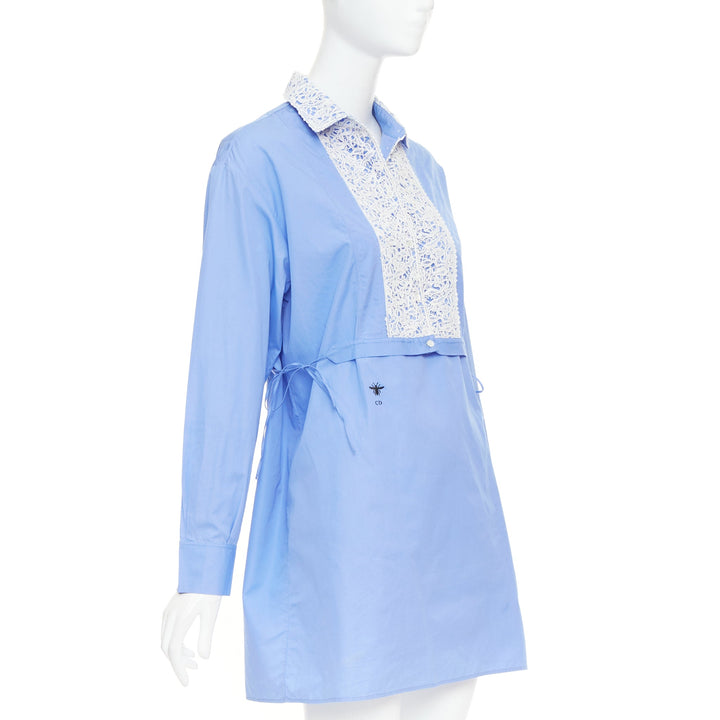 CHRISTIAN DIOR 2021 blue white lace plastron bib belted tunic shirt dress FR38 M