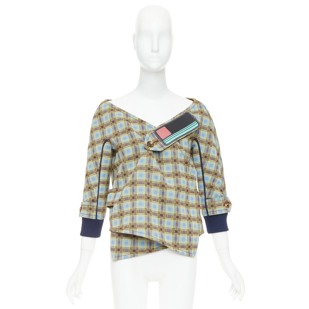 PRADA 2017 Runway blue green check patch drape collar jacket IT38 XS