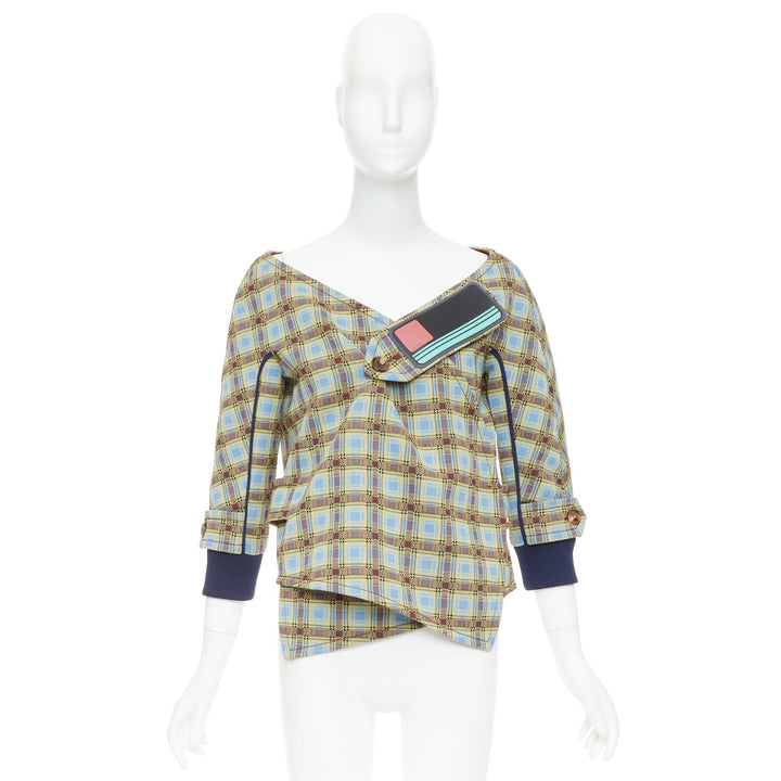 PRADA 2017 Runway blue green check patch drape collar jacket IT38 XS