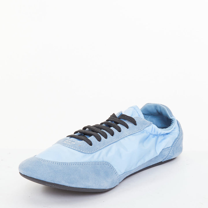 PRADA Collapse ReNylon light blue suede elasticized lowtop sneakers EU41 US8