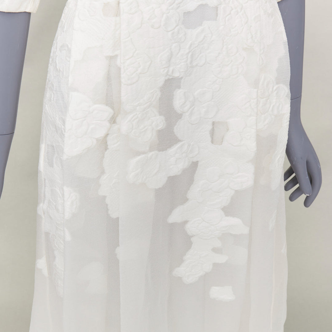 GIAMBATTISTA VALLI ivory cotton silk  floral cloque pleated midi dress IT40 XS