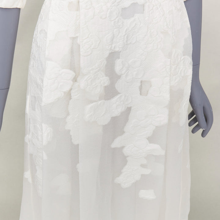 GIAMBATTISTA VALLI ivory cotton silk  floral cloque pleated midi dress IT40 XS