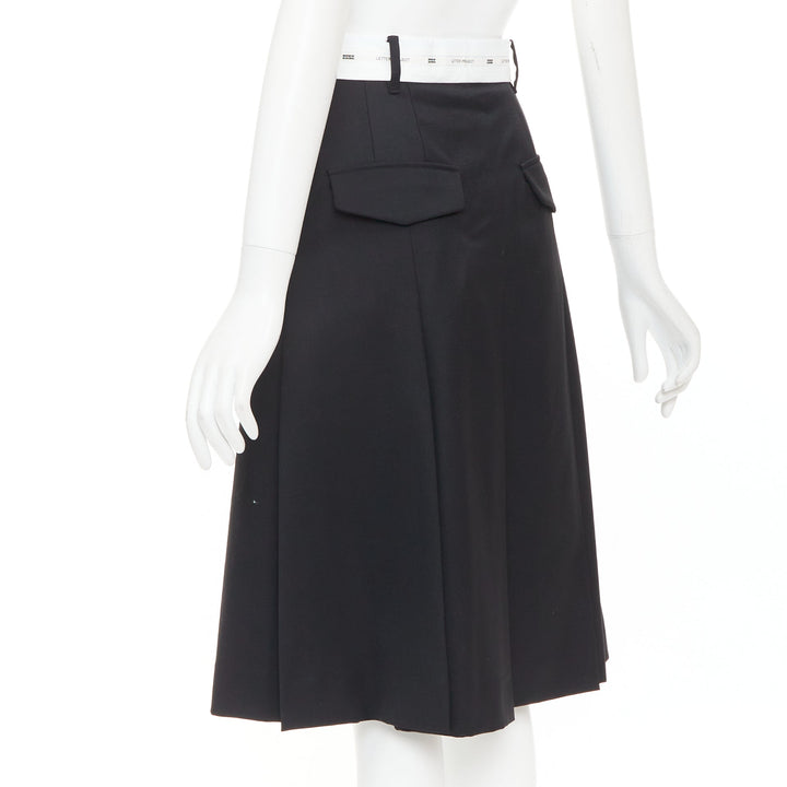 EENK LETTER X black white wool blend logo waist box pleat knee skirt XS