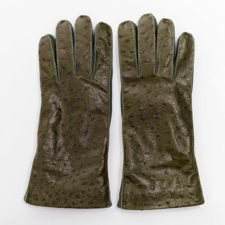 BOTTEGA VENETA dark green ostrich-effect buf goatskin cashmere lined gloves Sz.8