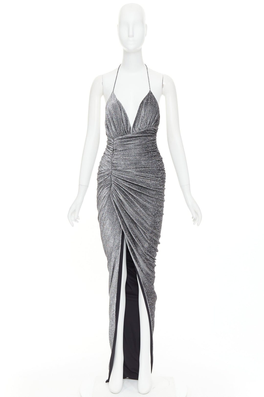 ALEXANDRE VAUTHIER metallic silver lurex knit ruched backless halter dress
