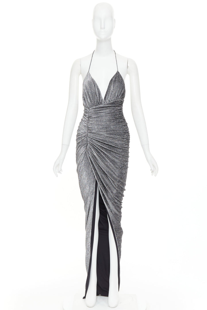 ALEXANDRE VAUTHIER metallic silver lurex knit ruched backless halter dress