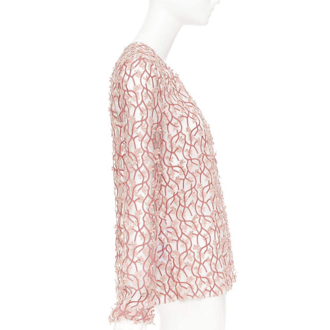 GIAMBATTISTA VALLI pink white petal embroidered treillage sheer top IT40 S