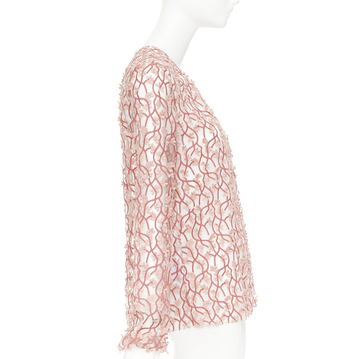 GIAMBATTISTA VALLI pink white petal embroidered treillage sheer top IT40 S