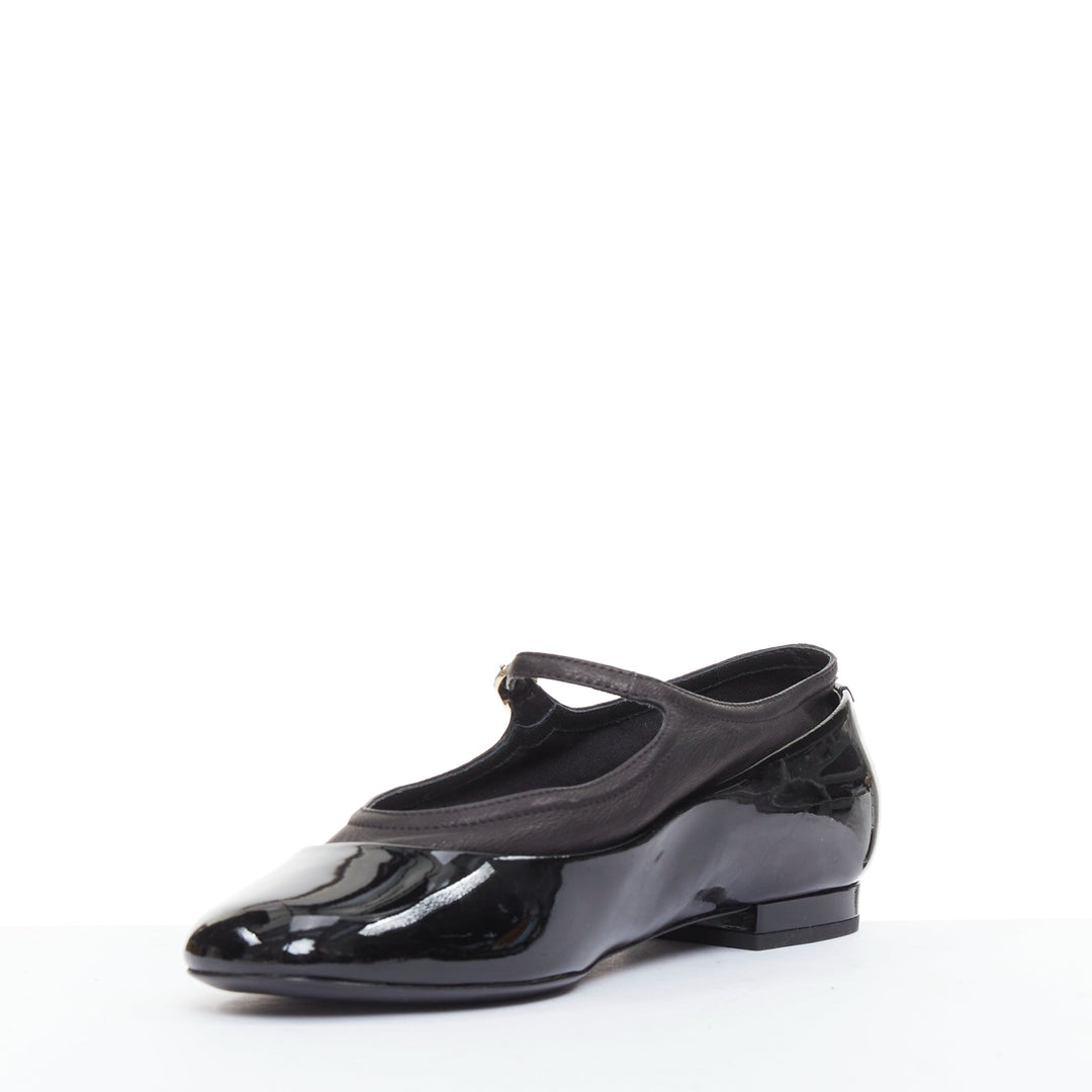 CHANEL 16P G31741 black patent leather silver CC logo mary jane flats EU38