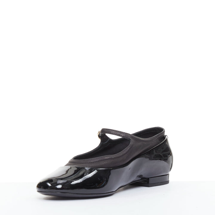 CHANEL 16P G31741 black patent leather silver CC logo mary jane flats EU38