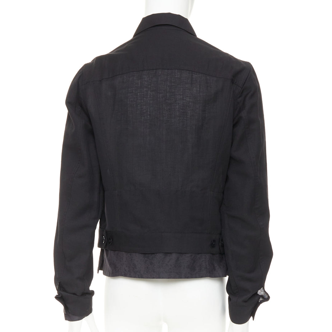 YOHJI YAMAMOTO Pour Homme black wool linen layered cropped trucker jacket JP4 XL