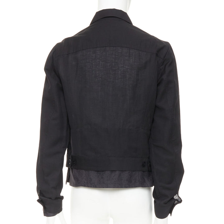 YOHJI YAMAMOTO Pour Homme black wool linen layered cropped trucker jacket JP4 XL