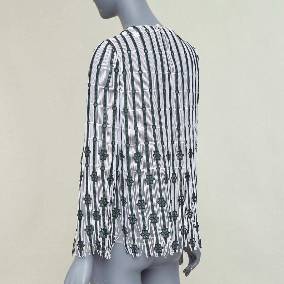 DIOR 2016 black white striped floral embroidered lace fringe blouse top FR36 S
