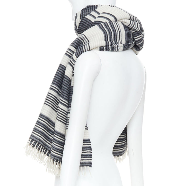 MISSONI monochrome horizontal striped wool blend knit blanket fringe scarf