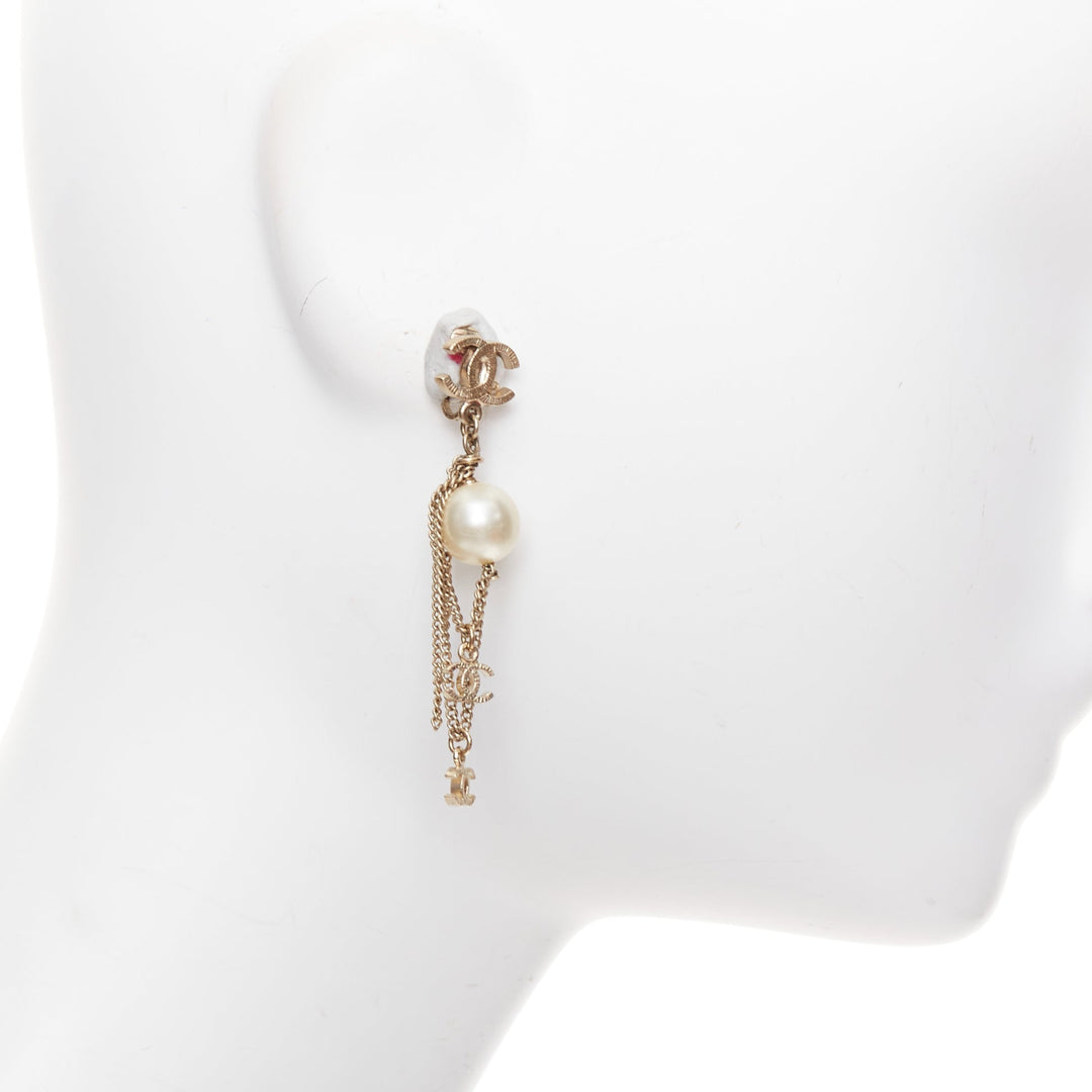 CHANEL 09A gold triple CC logo faux pearl PVC drop clip earrings Pair